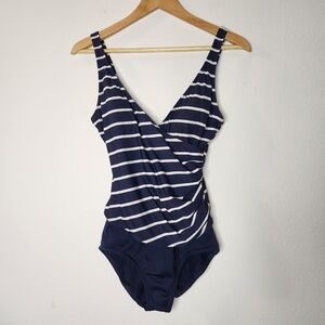 Vintage Jantzen 10 Blue White Striped Nautical One Piece Swimsuit Wrap Padded